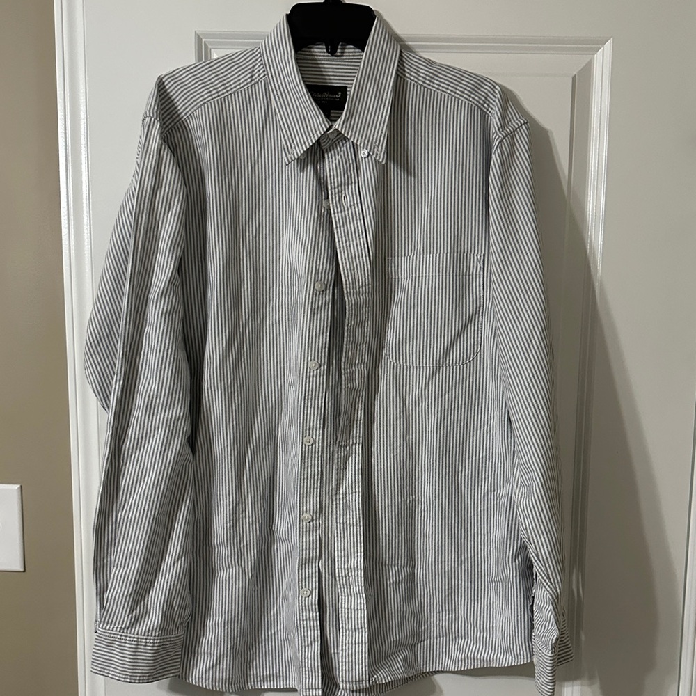 Eddie Bauer Men's Blue and White Striped Button Down Shirt